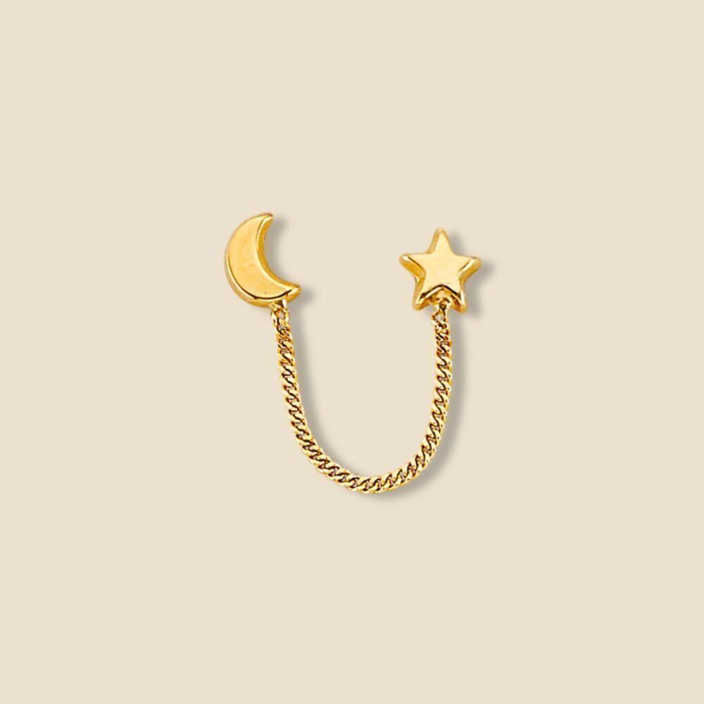 14k Gold Star & Moon Crawler Stud Earring | Whimsical Celestial Jewelry